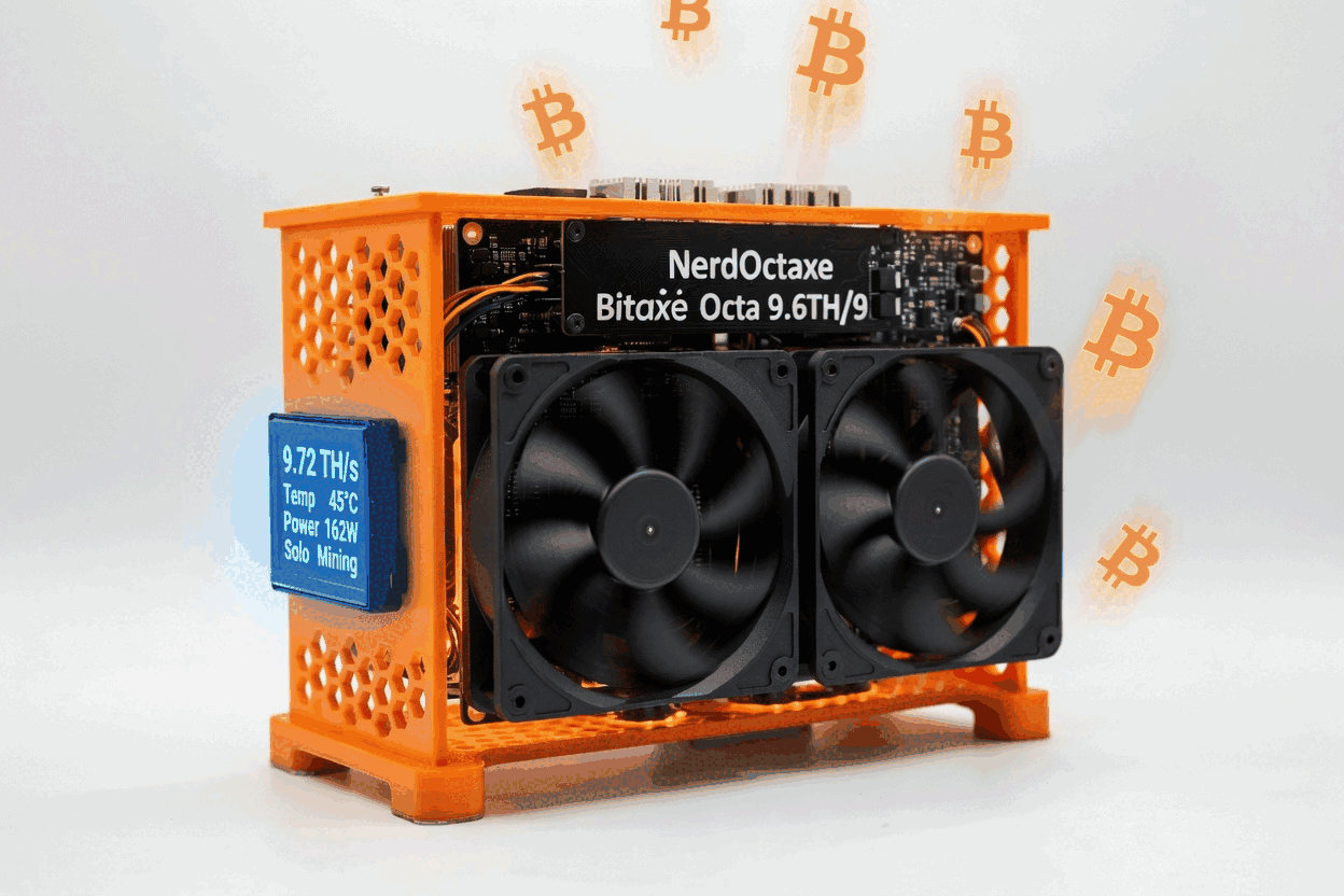 NerdOctaxe Bitaxe Octa solo miner — 9.72 TH/s, 45°C, 162W, solo mining at home